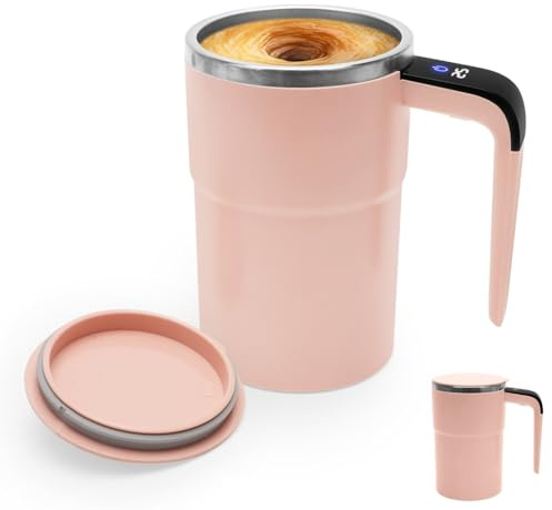 Tutamaz Vaso agitador automático, 380 ml, con asa, tapa e indicador de temperatura, taza de café inteligente recargable, para café, leche de soja, chocolate caliente (rosa)