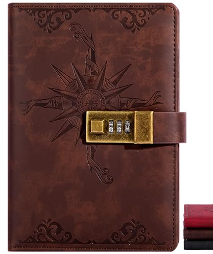 CAGIE Compass Leather Notebook A5 Journal With Lock for Men Hard Cover 160 Pages Lockable Diary Unlined Kraft Paper for Writing, Blank Travel Book Sketch Pad Brown