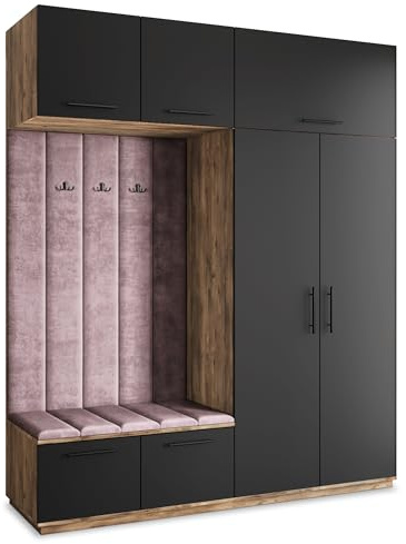 Masseno Flugarderoben Set Rema, Kleiderschrank-Set mit Sitzbank, Garderobenschrank Flur mit 5 Regalböden, Eiche Lefkas/Schwarz