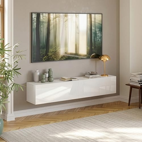 [en.casa] Mobile da Parete Porta TV con 2 Scomparti Chiusi Ante a Ribalta Pensile Multiuso Armadio Sospeso a Muro 160 x 32 x 30 cm - Bianco Lucido