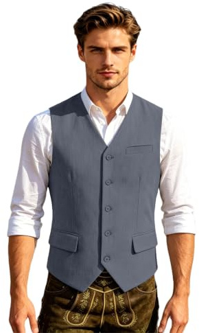 Trachtenweste Herren Grau Leinen Oktoberfest Ärmellos Trachten Weste Leinenweste Trachtenmode Gilet Große Größen Trachtengilet Elegant Anzugweste mit Verstellbarem Riegel