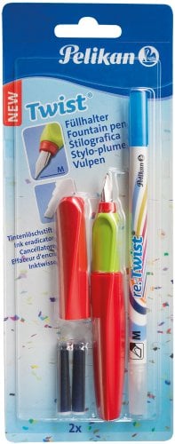 Pelikan 923516 Füllhalter Twist P457 M mit 2 Tintenpatronen und Tintenlöscher rot/grün