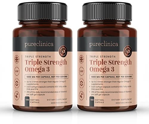 Pureclinica Triple Strength Omega 3 1000mg x 360 Capsules (2 Bottles of 180)- 12 Months Supply