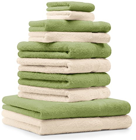 Betz 10-TLG. Handtuch-Set Premium 100% Baumwolle 2 Duschtücher 4 Handtücher 2 Gästetücher 2 Waschhandschuhe Farbe Beige & Apfel Grün