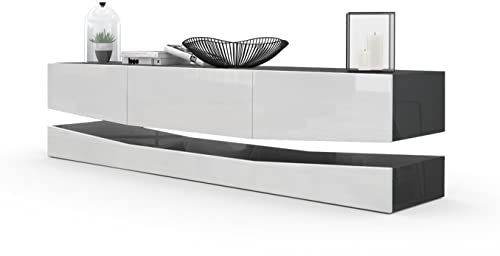Vladon Lowboard City, Made in Germany, TV-Kommode mit Sockelelement, 1 offenem Fach und 3 Schubkästen, Schwarz Hochglanz/Weiß Hochglanz (178 x variabel x 39 cm)
