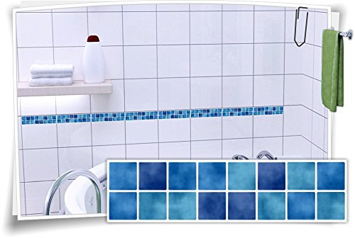 Fliesenaufkleber Fliesenbordüre Bordüre Mosaik Blau Kachel Aufkleber FB1, 8 Stück, 25x6,5cm (BxH)