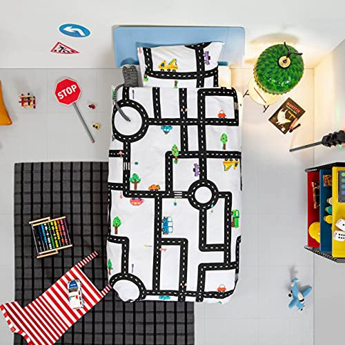Snurk Bettwäsche Lehmverkehr Bunt Weiss Autos Spielstrasse Bäume Kinder Perkal 135 cm x 200 cm