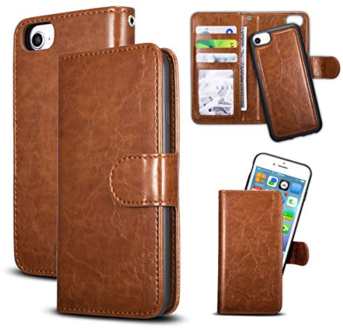 QLTYPRI Case for iPhone 6 Plus 6S Plus, Premium PU Leather Rubber Silicone Bumper Credit Card Holder Cash Pocket Magnetic Detachable Wallet Case Cover for iPhone 6 Plus 6S Plus - Brown