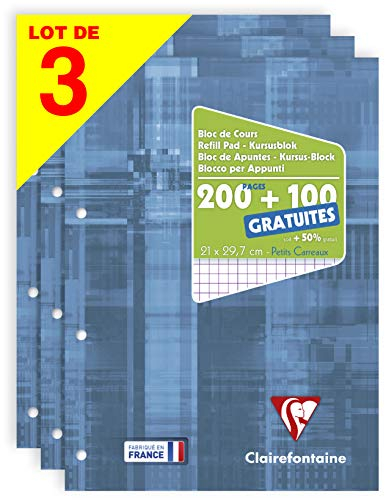 Clairefontaine 65816AMZC - Set mit 3 Kursusblöcken, 150 Blatt, 90g, kariert, 4-fach gelocht, 1 Set, Blau