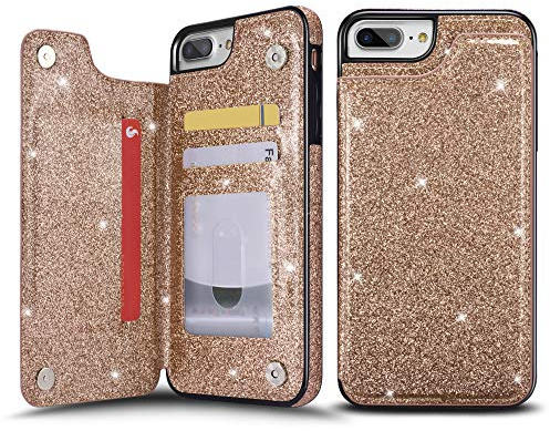 UEEBAI Hülle für iPhone 7 Plus 8 Plus, Premium Glitzer PU Lederhülle Rückseite [Zwei Magnetverschluss] [Kartenfach] Standfunktion Schutzhülle Langlebig Stoßfest Weiche TPU Handyhülle - Roségold#3