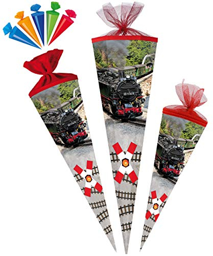 alles-meine.de GmbH Set Schultüte + 5 kleine Zuckertüten - Dampflok/Lokomotive - Eisenbahn/Zug - 22-85 cm - Größe wählbar - rund - Filzabschluß - Zuckertüte - mit/ohne ..