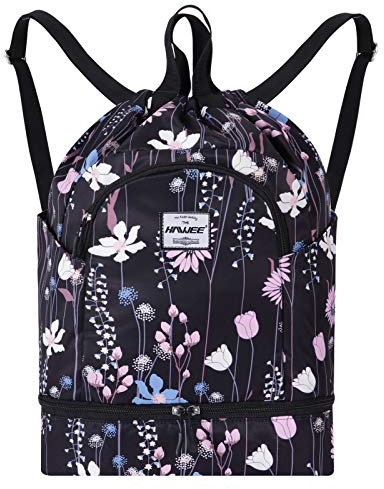 HAWEE Étanche Sac à Dos à Cordon Grand Sacs de Sport à Cordon de Serrage Sac à Dos Unisexe pour Femme Hommes Voyage Vie Quotidienne Plein Air Yoga Natation Plage, L, Fleurs Roses