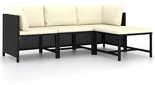 vidaXL Gartenmöbel 4-TLG. mit Auflagen Lounge Sofa Sitzgruppe Mittelsofa Ecksofa Fußhocker Sitzgarnitur Gartenset Gartensofa Schwarz Poly Rattan