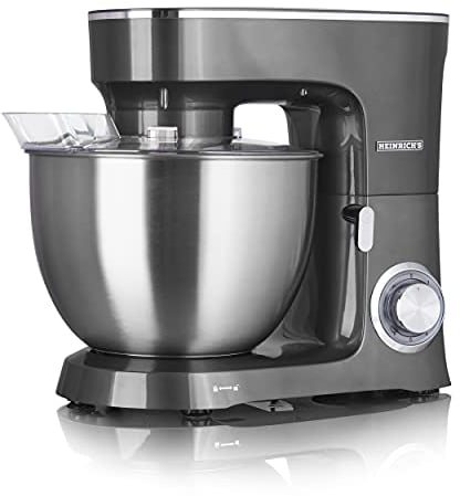 HEINRICHS Küchenmaschine Knetmaschine Teigmaschine Rührmaschine 1500W Küchengerät Rührbesen Knethaken Schneebesen 6 einstellbare Geschwindigkeiten XXL 8L Edelstahlschüssel geräuscharm ((Grau)