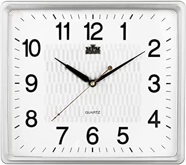 MPM Quality Quadratische Kunststoff-Wanduhr Weiß/Silber, Wanddekoration, Quarz-Uhrwerk, Reibungsloser Ablauf, 318 x 358 x 38 mm, E01.2929.7000