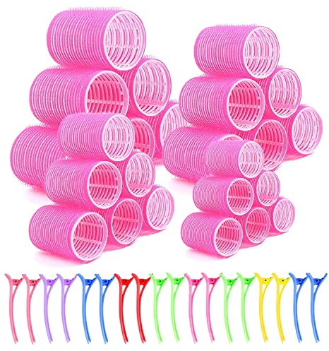 Lockenwickler Gross, 24 Stück Velcro Rollers Hair, Rosa Grosse Lockenwickler für Volumen, Lockenwickler mit Klammern, Hair Curler Rolls 44/36/25/15 mm, 4 Größen Geeignet für Jeden Haartyp