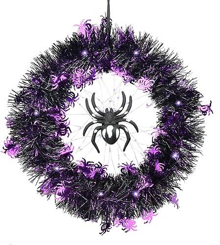 Ghirlanda di Halloween, Ghirlanda di decorazioni di ragno di Halloween da 13 pollici con luci, Ghirlanda di porta di Halloween a LED per la festa di Halloween