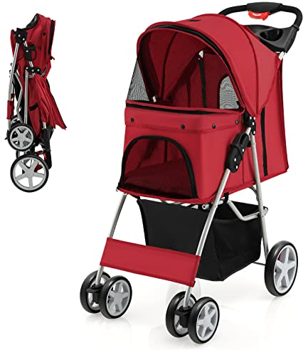 COSTWAY Folding Pet Stroller, 4 Lockable Wheels Dog Travel Pushchair Cat Buggy with Safety Belt, Adjustable Canopy, Cup Holder & Storage Basket, Dogs Cats Prams for Small Medium Pets (Red)