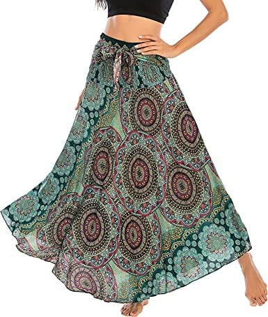 Adigaber Damen Maxirock 2-in-1 Böhmischem Blumendruck Einheitsgröße | Boho, Hohe Taille,Lang,Asymmetrisch,A-Line,Elastischer Bund,Party,Strand,Mit Gürtel,Sommer,Bauchkontrollierend,Fließend