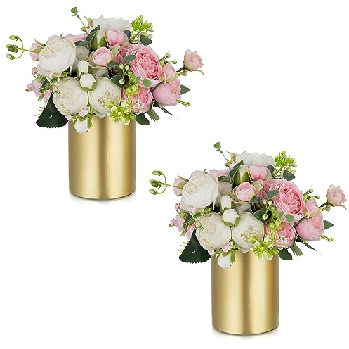 NUPTIO Vase Fleur Centre de Table: 2 Pièces 13cm Mariage Vase Doré Artificielle Table Petit Métal Fleuri Rose Cylindre Salle à Manger Deco Salon Fete Modern Esthétique Decoration