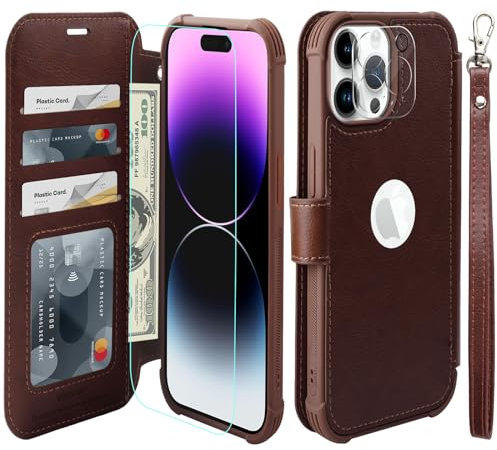 VANAVAGY iPhone 15 Pro Max Wallet Case, Leather Flip Folio Shockproof Phone Cover [Screen Protector Included][Support Wireless Charging][Wrist Strap]with RFID Blocking Card Holder, Brown