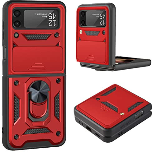 WBWONE Hülle für Samsung Galaxy Z Flip 3 (Z Flip3) 5G, TPU/PC Stoßfest Schutzhülle Handyhülle mit 360 ° Drehung Fingerring Stände Und Verschiebbare Kameraabdeckung, Rot