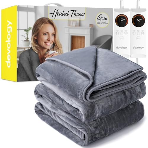 Devology Heated Throw - Dual Control Electric Blanket - Digital Controller - Timer up to 12 hours, 6 Heat Settings, Auto Shutoff - Machine Washable - King Size 230x250cm - Grey