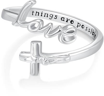 Kreuz Ring 925 Sterling Silber Mit Buchstaben Hope Jesus - Damen Schmuck Religiöses Geschenk für Männer Christen (LOVE)
