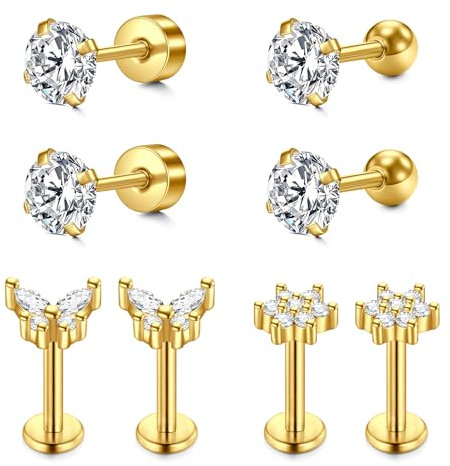 Mayhoop 16G Acier inoxydable Lobe Cartilage Helix Tragus Stud Earrings 6mm 8mm Flat Back Diamond Lip Labret Bar Silver Black Rose Gold