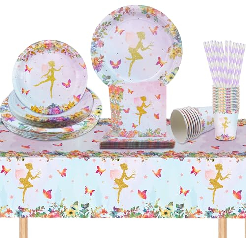 FAELNK 101 Stück Fee Partygeschirr Kindergeburtstag Set Schmetterling & Fee Partygeschirr Set Feen Geburtstag Deko Geburtstagsteller Tischdecke Pappbecher Strohhalme Servietten für 20 Gäste