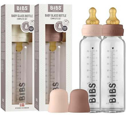 BIBS Baby Glass Bottle. Lot de 2. Anti-colique. Embout rond en latex de caoutchouc naturel. Favorise l’allaitement naturel, Complete Set - 225 ml (Pack of 2), Blush/Woodchuck