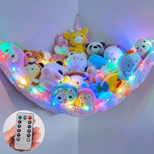 MHJY Toy Hammock Stuffed Animals Toy Storage Net with LED Light Large Corner Hanging Soft Cuddly Plush Mesh Organizer with Remote Control 8 Kinds of Llight Mode for Kids Nursery Bedroom