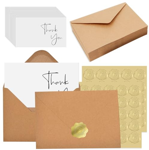 KAYEF Buste, 50 biglietti di ringraziamento con 50 buste e 50 adesivi per buste per colleghi, insegnanti, famiglia, amici (88 mm x 120 mm)