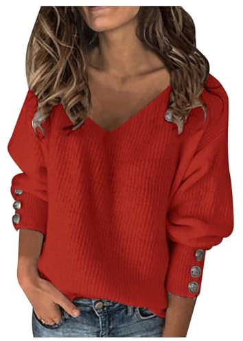 Jersey de manga larga para mujer, elegante, de punto grueso, oversize, cuello de pico, suéter de punto grueso, monocolor, sudadera para otoño y primavera, elegante, blusas cálidas, rojo, S