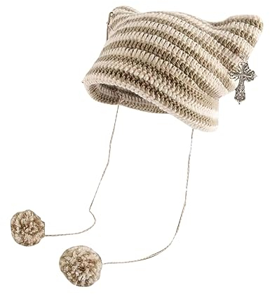 Nokiwiqis Damen Cat Beanie Katzenohren Crochet Slouchy Mütze mit Pompons für Frauen Mädchen Winter Warm Knitted Hat Y2k Vinatge Grunge Accessoires (Kaffee, One Size)