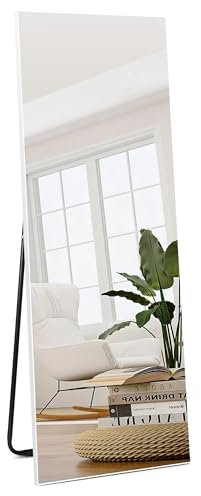 HORLIMER Grand Miroir sur Pied 140 x 51 cm - Cadre Blanc en PVC, Verre Trempé, Support Stable en Fer avec Patins Anti-Dérapants - Idéal pour Chambre, Salon, Vestiaire
