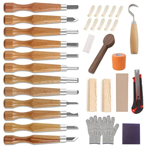 Holz Schnitzwerkzeug Set, Schnitzset mit 33 Teilen, Schnitzmesser, Holzschnitzset für Anfänger, Erwachsene und Kinder, Holzschnitzmesser mit Linde Holzblö cke für DIY Herstellung Löffel, Tasse