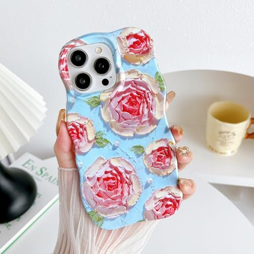 XIZYO Colorful Retro Oil Painting Flower Wavy Case for iPhone 14 Pro Max, Hybrid 2-Layer Cute Floral Curly Wave Aesthetic Phone Case, Girls Women Slim Soft TPU Shockproof Cover, Pink Rose/Blue
