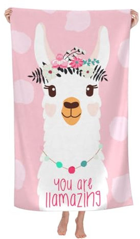 VOOHDDY Süßes Strandtuch, Lama, Alpaka, Rosa, weich, saugfähig, Mikrofaser, schnell trocknend, große Badetücher für Badezimmer, Damen, Herren, Jungen, Mädchen, Pool, Camping, Reisen, Schwimmen,