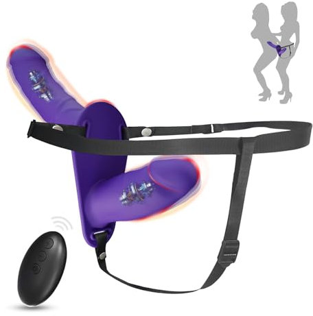 Gode ceinture double avec 2 godemichés vibrants - 10 modes de vibration,Sangle sur ceinture pour femmes lesbiennes,Vibromasseur avec télécommande,Gode Ceinture Double Couple Vibrant (Violet)