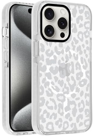 Kueqeay Handyhülle Magnetisch für iPhone 15 Pro 6,1 Hülle, Durchsichtige Aesthetic Leopard Muster Case Kompatibilität mit MagSafe Schutzhülle Kratzfest Dünn PC Rückseite Stoßfest Silicone Cover, 01