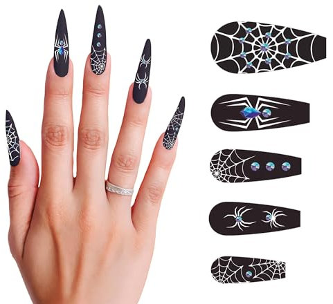 FIESTAS GUIRCA Lot de 12 faux ongles longs avec adhésif pour déguisement d'horreur gothique pour Halloween et fête de sorcière Noir