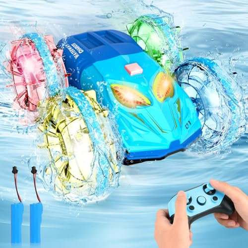 SIVQIKE Voiture télécommandée avec LED, Voiture de Cascade RC étanche 4 Roues motrices, Véhicule amphibie télécommandé pour Enfants de 3 à 12 Ans, Cadeau d'anniversaire et de Noël pour intérieur