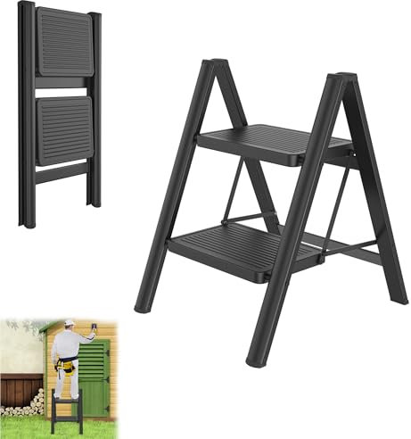 YRHome 2 Stufen Klappbar Trittleiter Leiter Tritthocker Klapptrittleiter mit breitem rutschfeste Pedal Multifunktionale Haushaltsleiter Stehleiter Bis 250KG Schwarz für Haushalt, Küche Büro Außen