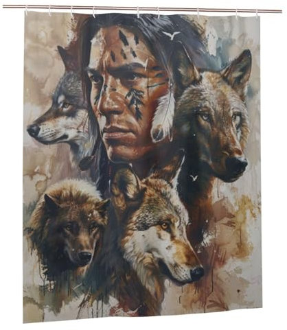 300x200cm Duschvorhang indisch Duschvorhänge Textil Waschbar mit 12 Plastik Duschvorhangringe, Polyester Duschvorhang mit Gewicht Unten, Home Zimmer Deko Bad Vorhang, Geschenke für Frauen, Wolf