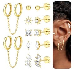 JeweBella 6 Paar Ohrringe Gold Set für Damen Mädchen Helix Piercings Chirurgenstahl Piercing Ohr Hypoallergen 14K Vergoldet Medizinische Ohrstecker Creolen mit Kette Knorpel Ohrringe Set Silber/Gold
