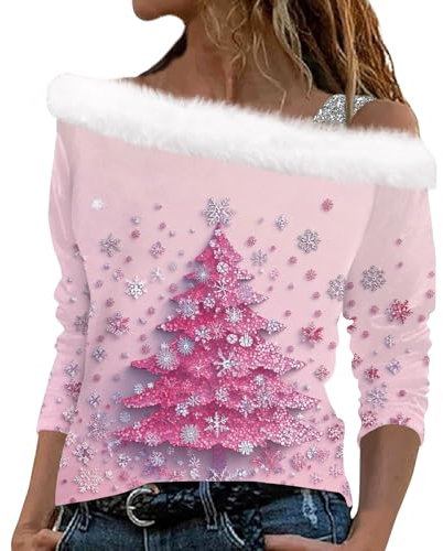 Topassion Weihnachtspullover Damen Off Shoulder Weihnachts Sweatshirt Damen Slim Fit Langarmshirt Weihnachten Elegant Aufdruck Sweater mit Weihnachtsbaum Oberteile Plüsch Ausschnitt Pullover(Pink,S)