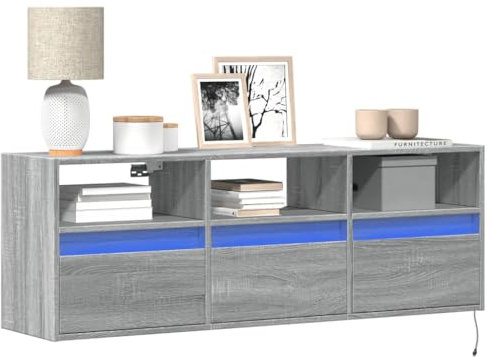Sufrk Meuble TV mural avec lumières LED Gris Sonoma 130 x 31 x 45 cm Meuble TV mobile pour télévision, meuble industriel table basse vintage console pour salon