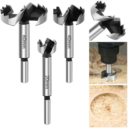 3 Stück Forstnerbohrer in Größen Ø20mm+Ø40mm+Ø60mm | Professional Forstnerbohrer für Holz | Bohraufsätze mit Rundschaft | Topfbohrer | Astlochbohrer | Kunstbohrer | Scharnierlochbohrer für Hartholz