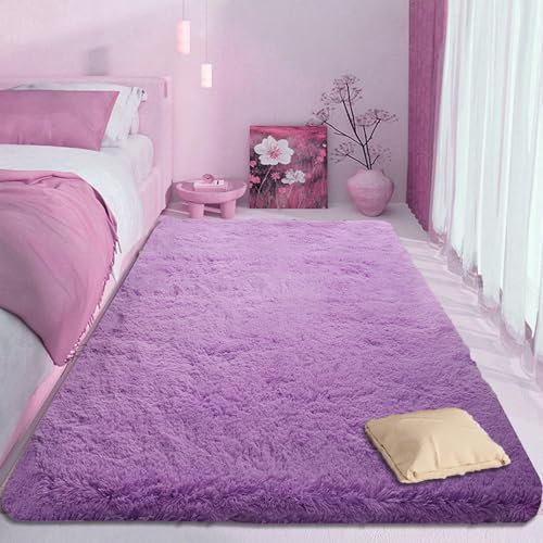 CUIMEI Hochflor Teppich Wohnzimmer 130 x 150 cm, Flauschiger Große Größe, rutschfest Langlebig, Faltbar, Zotteligeweicher, Shaggy Bettvorleger Teppich, Lila